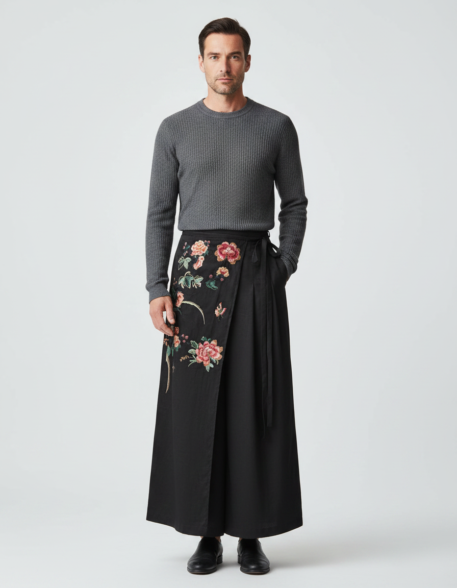 Pantalon Chinois Noir Brodé Floral Ample Ethnique - Viscose