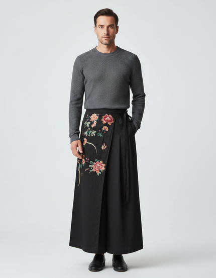 Pantalon Chinois Noir Brodé Floral Ample Ethnique - Viscose