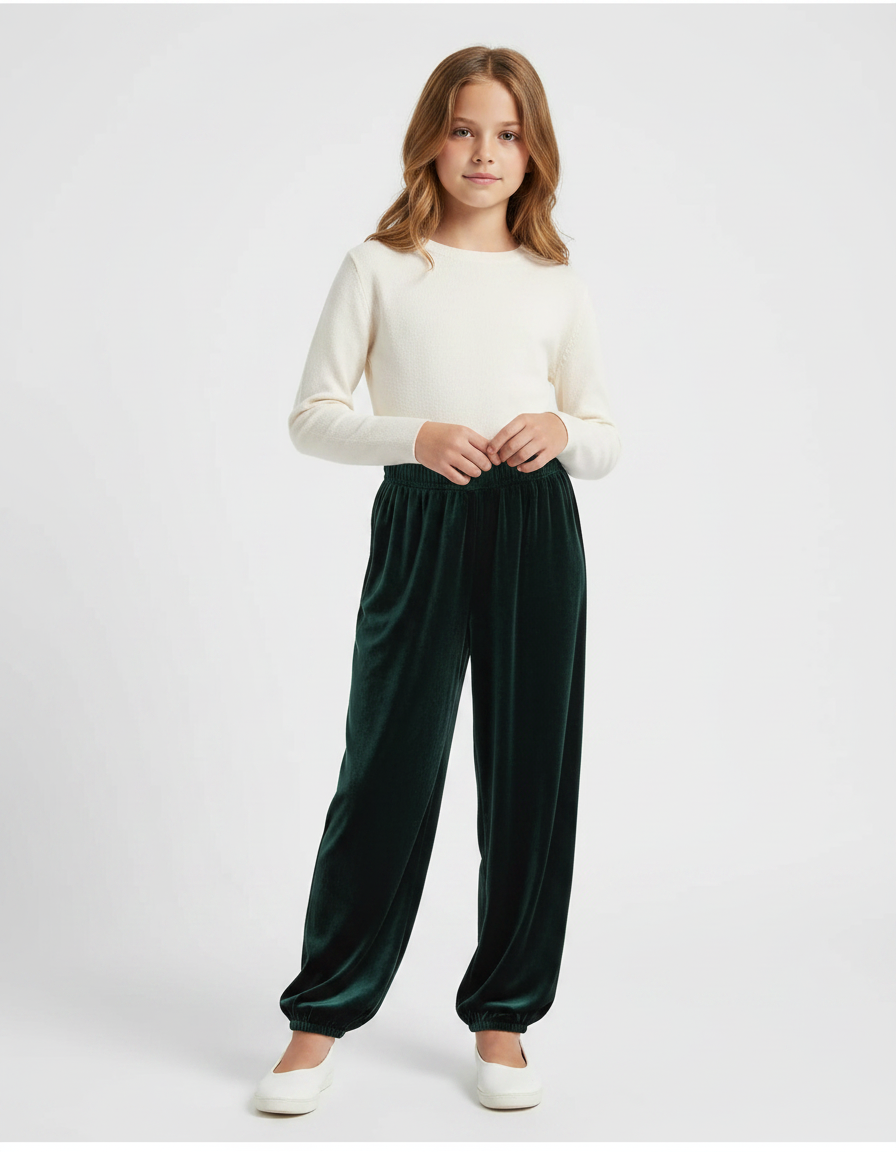Pantalon Chinois Velours Vert Ample Élastique Enfant
