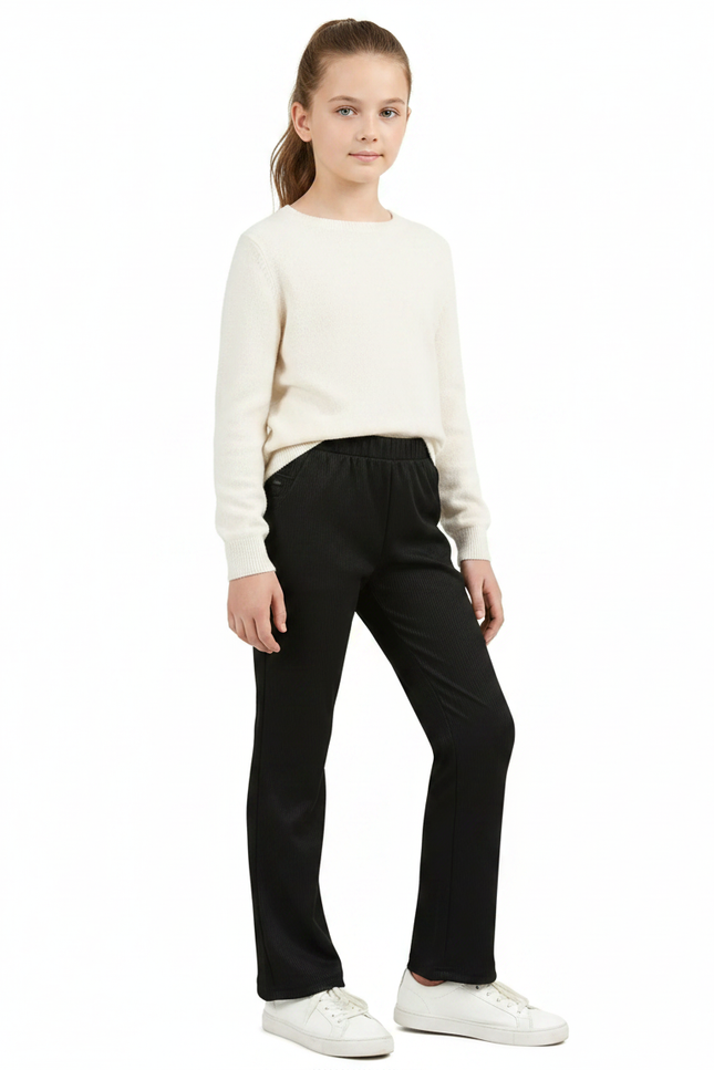Pantalon Chinois Noir Côtelé Élastique Fille Élégant - Cordé