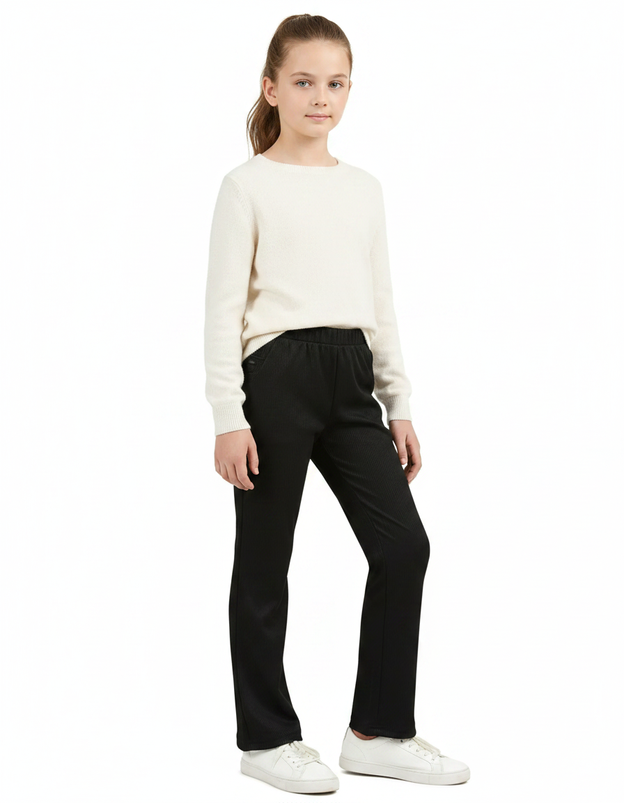Pantalon Chinois Noir Côtelé Élastique Fille Élégant - Cordé