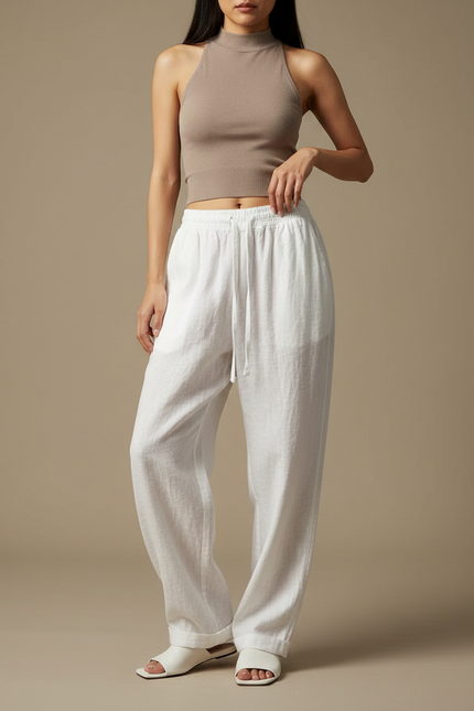 Pantalon Chinois Femme Blanc Ample Lin