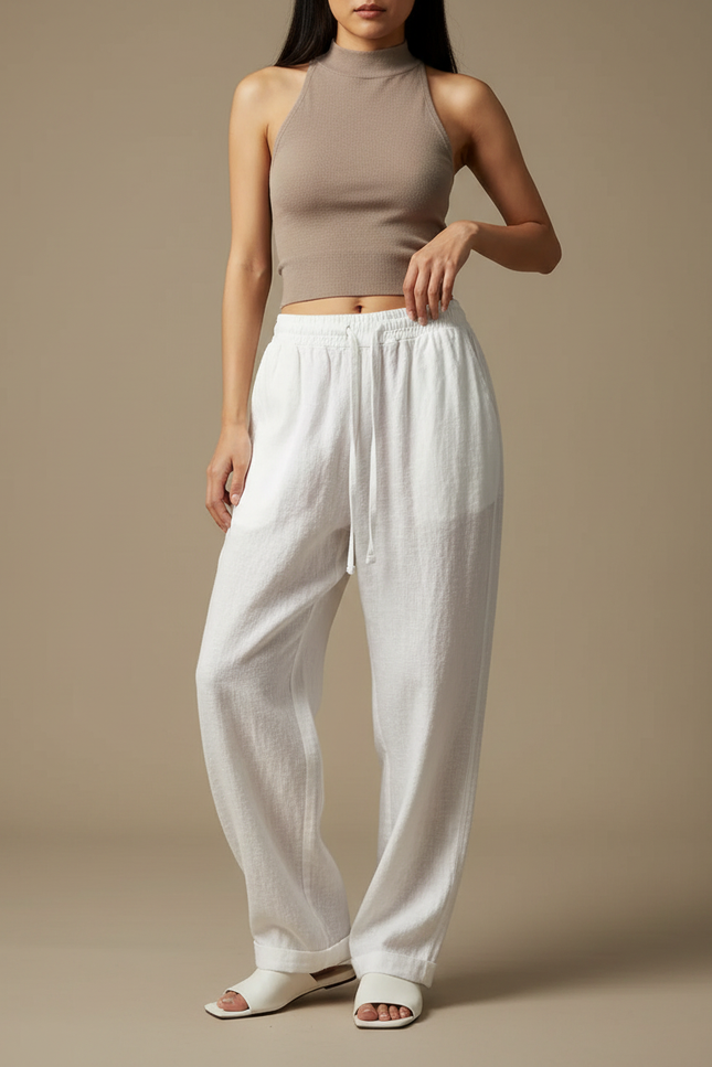 Pantalon Chinois Femme Blanc Ample Lin