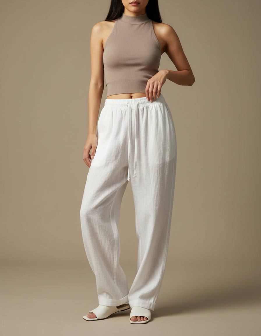 Pantalon Chinois Femme Blanc Ample Lin