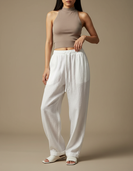 Pantalon Chinois Femme Blanc Ample Lin