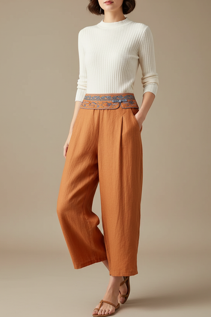 Pantalon Chinois Brodé Lin Ample Taille Haute - Orange