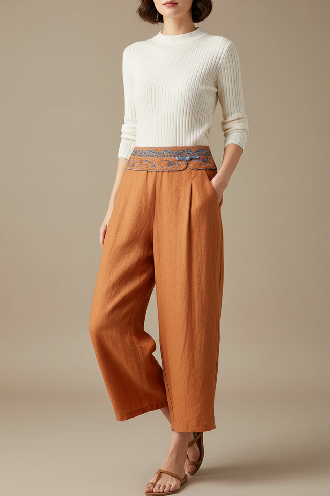 Pantalon Chinois Brodé Lin Ample Taille Haute - Orange