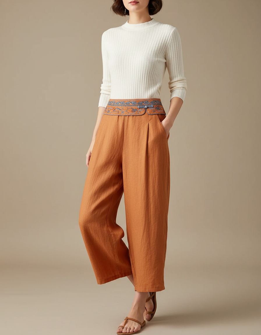 Pantalon Chinois Brodé Lin Ample Taille Haute - Orange
