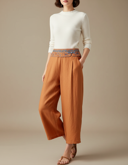 Pantalon Chinois Brodé Lin Ample Taille Haute - Orange