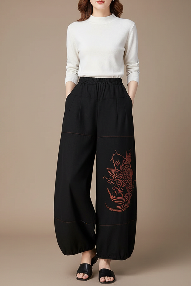 Pantalon Chinois Noir Ample Brodé Carpe Fluide - Viscose