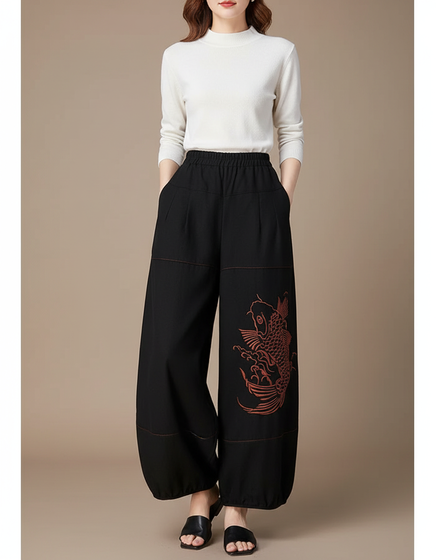 Pantalon Chinois Noir Ample Brodé Carpe Fluide - Viscose