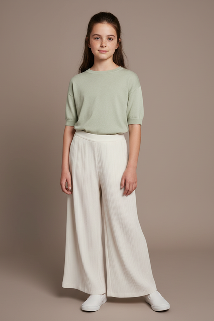 Pantalon Chinois Crème Plissé Fluide Ample Fille - Beige Polyester
