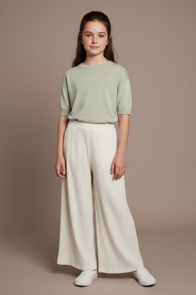 Pantalon Chinois Crème Plissé Fluide Ample Fille - Beige Polyester