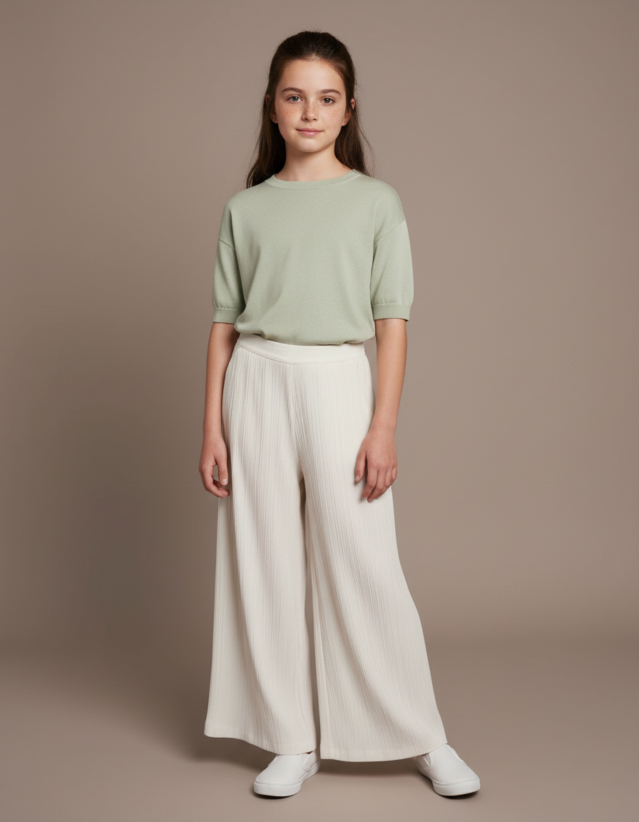 Pantalon Chinois Crème Plissé Fluide Ample Fille - Beige Polyester