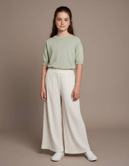 Pantalon Chinois Crème Plissé Fluide Ample Fille - Beige Polyester