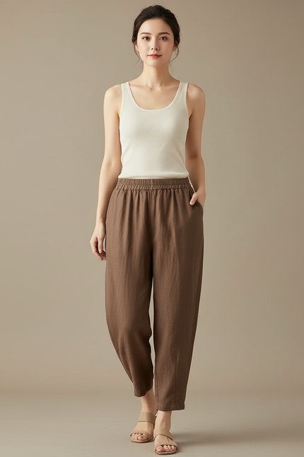 Pantalon Chinois Marron Ample Coton Lin Élégant