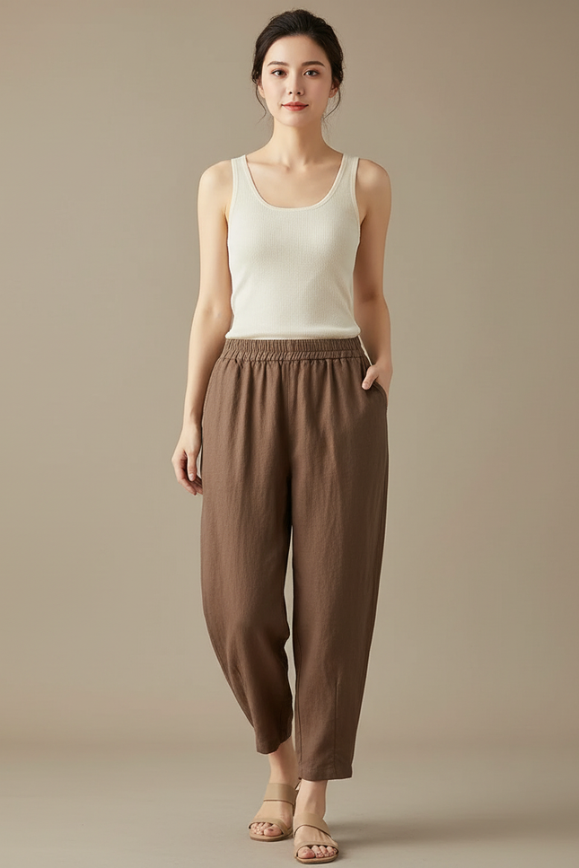 Pantalon Chinois Marron Ample Coton Lin Élégant