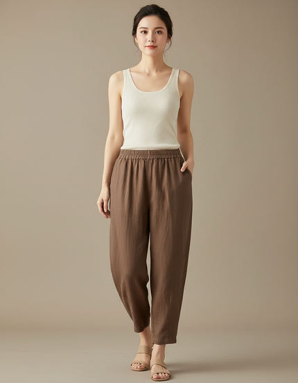 Pantalon Chinois Marron Ample Coton Lin Élégant