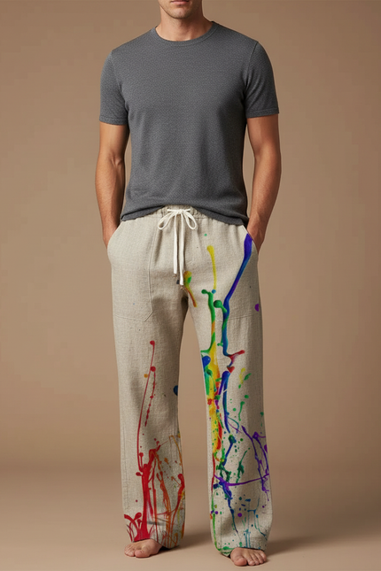 Pantalon Chinois Lin Beige Éclaboussures Peinture Ample