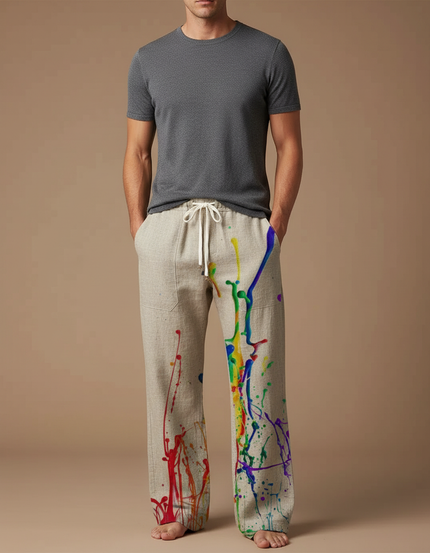 Pantalon Chinois Lin Beige Éclaboussures Peinture Ample