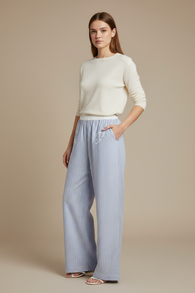 Pantalon Chinois Bleu Rayé Ample Décontracté Coton