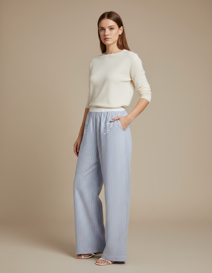 Pantalon Chinois Bleu Rayé Ample Décontracté Coton