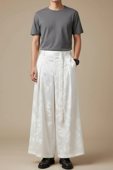 Pantalon Chinois Blanc Ample Jacquard Dragon Fluide - Satin