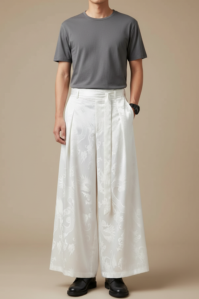 Pantalon Chinois Blanc Ample Jacquard Dragon Fluide - Satin