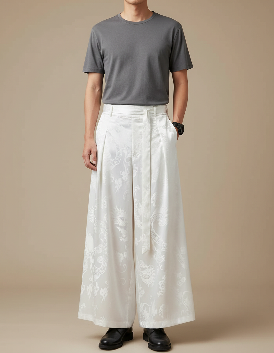 Pantalon Chinois Blanc Ample Jacquard Dragon Fluide - Satin