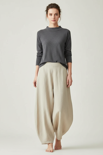 Pantalon Chinois Femme Beige Sarouel - Lin