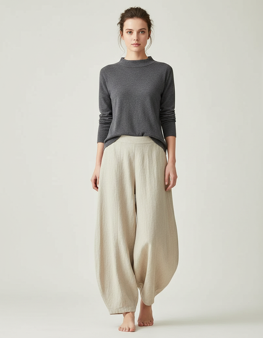 Pantalon Chinois Femme Beige Sarouel - Lin