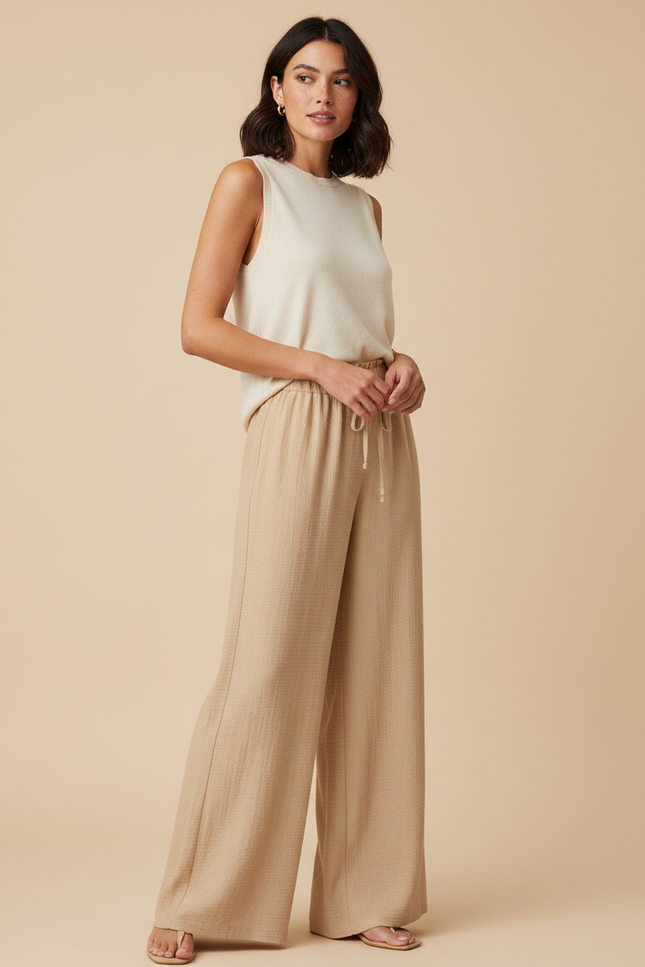 Pantalon Chinois Beige Fluide Ample Texturé Femme - Maille