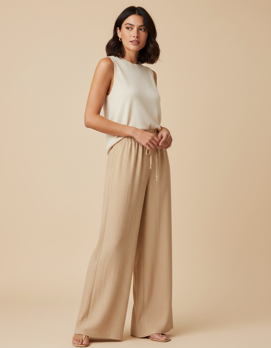 Pantalon Chinois Beige Fluide Ample Texturé Femme - Maille