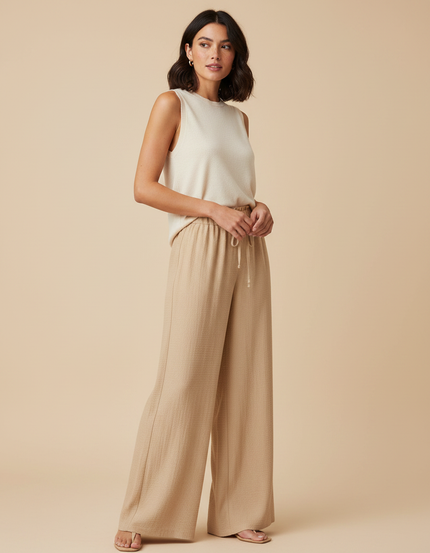 Pantalon Chinois Beige Fluide Ample Texturé Femme - Maille