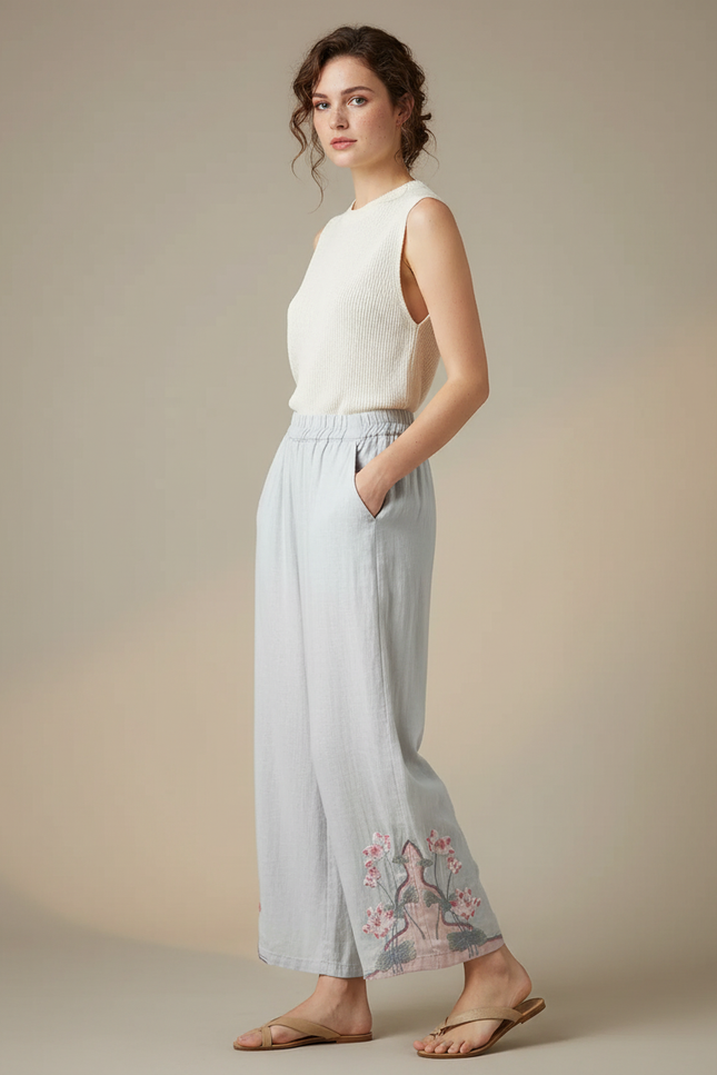 Pantalon Chinois Lin Ample Brodé Ethnique Clair - Bleu