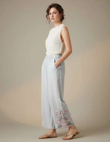 Pantalon Chinois Lin Ample Brodé Ethnique Clair - Bleu