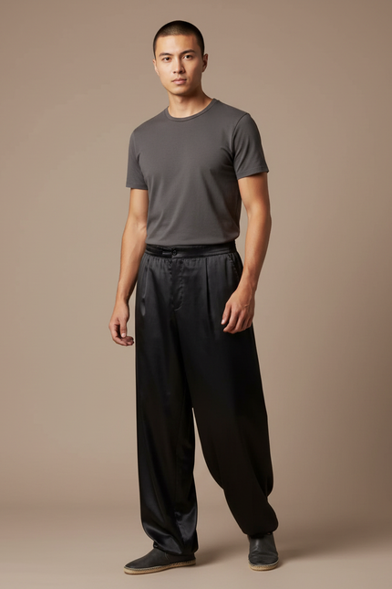 Pantalon Chinois Noir Satiné Ample Fluide Homme
