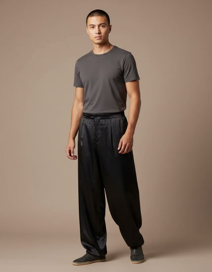 Pantalon Chinois Noir Satiné Ample Fluide Homme