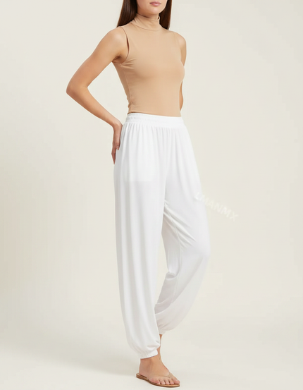 Pantalon Chinois Blanc Ample Fluide Élastiqué Sport - Viscose