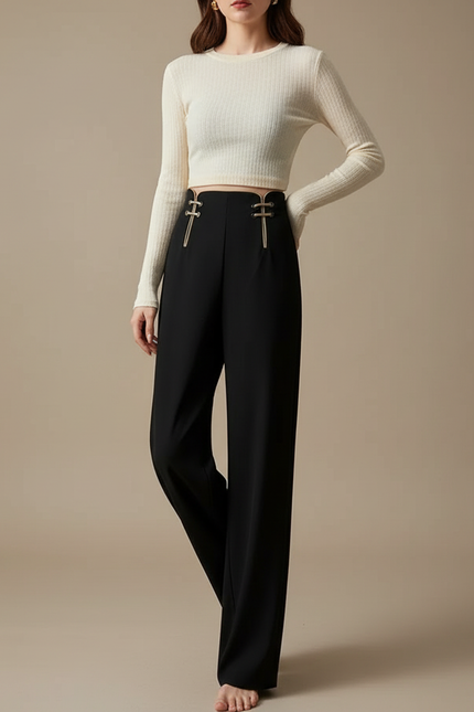 Pantalon Chinois Noir Ample Taille Haute Boutons Dorés Femme - Viscose