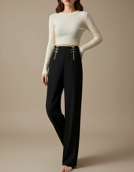 Pantalon Chinois Noir Ample Taille Haute Boutons Dorés Femme - Viscose