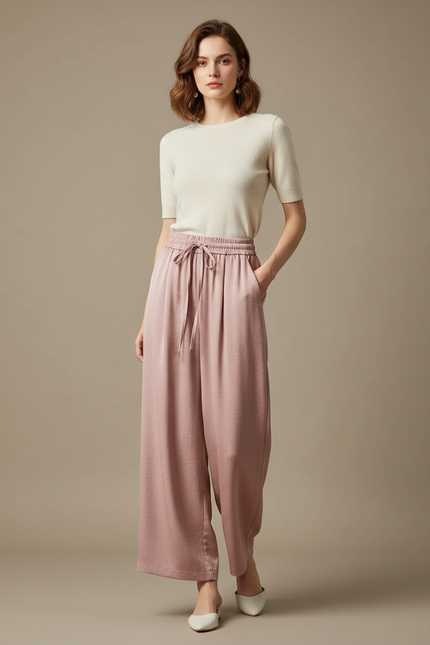 Pantalon Chinois Rose Satin Fluide Ample Élégant Femme
