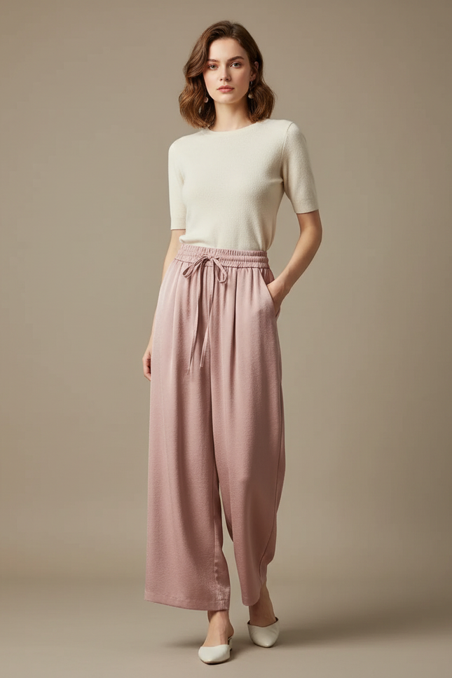 Pantalon Chinois Rose Satin Fluide Ample Élégant Femme