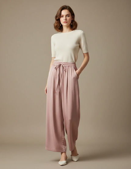 Pantalon Chinois Rose Satin Fluide Ample Élégant Femme