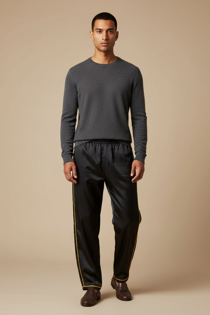 Pantalon Chinois Noir Satiné Ample Décontracté Homme