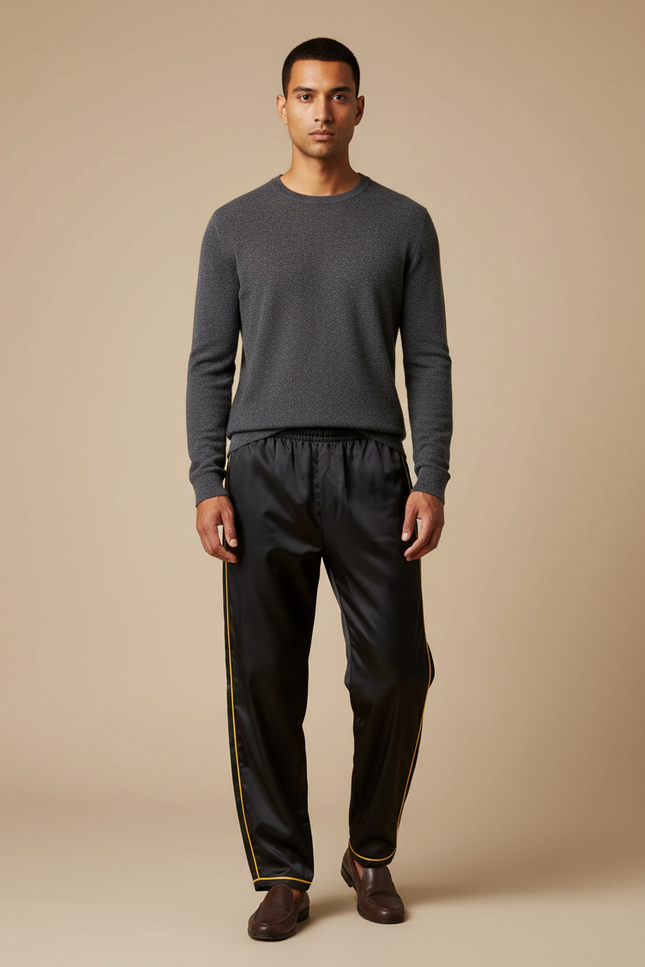 Pantalon Chinois Noir Satiné Ample Décontracté Homme