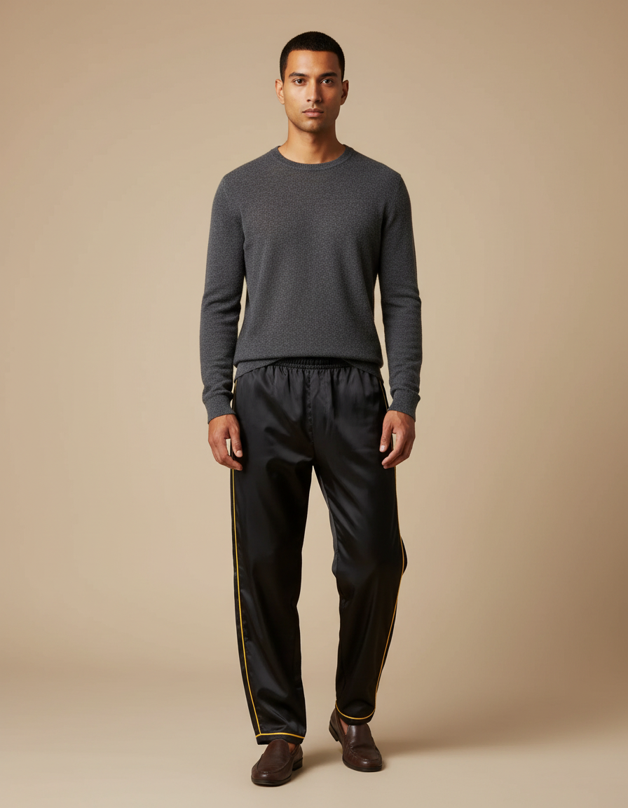 Pantalon Chinois Noir Satiné Ample Décontracté Homme