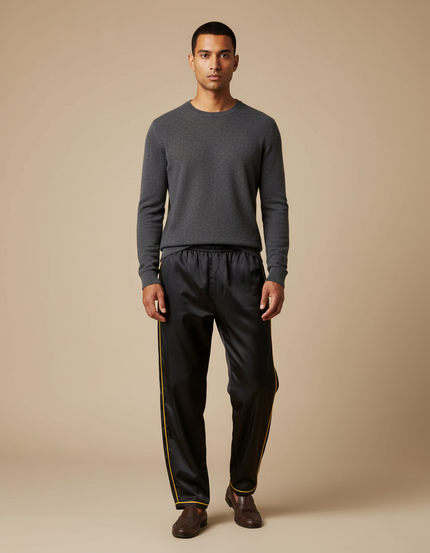 Pantalon Chinois Noir Satiné Ample Décontracté Homme