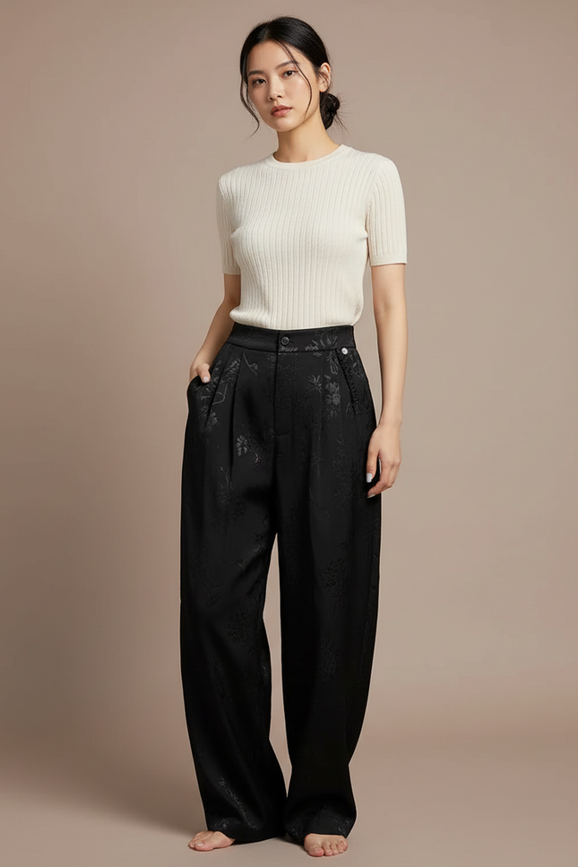 Pantalon Chinois Noir Jacquard Ample Fluide Femme - Satin