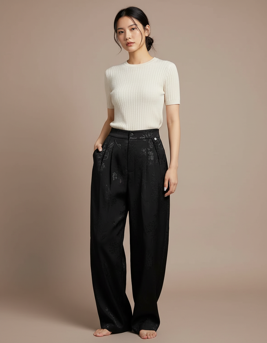 Pantalon Chinois Noir Jacquard Ample Fluide Femme - Satin
